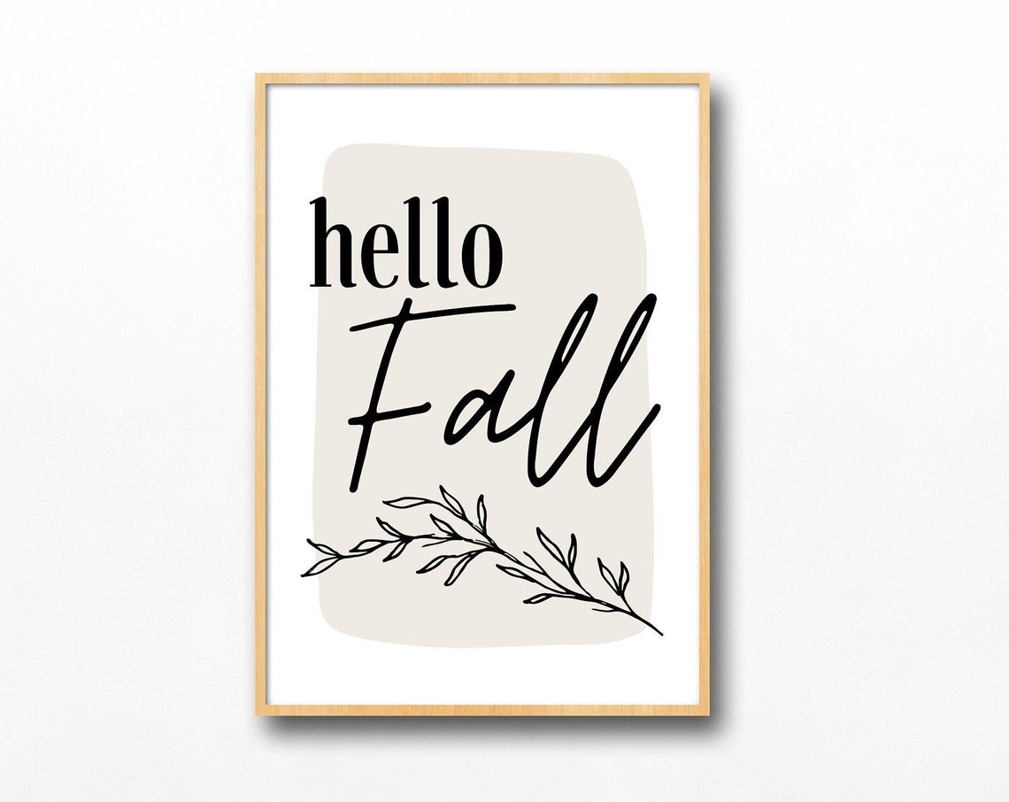 Hello Fall Leaf Sprig Modern Farmhouse Script Wall Decor Poster