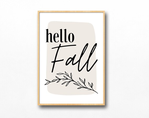 Hello Fall Leaf Sprig Modern Farmhouse Script Wall Decor Poster