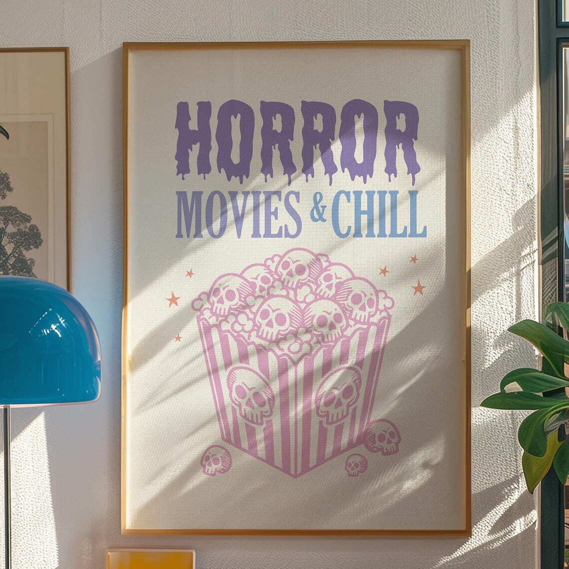 Horror Movies And Chill Pastel Skull Popcorn Halloween Poster