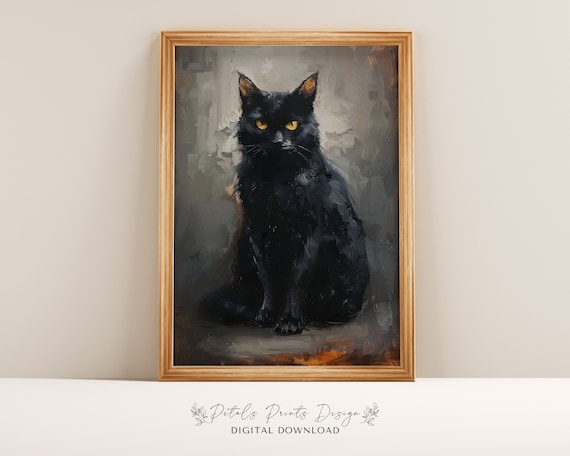 Black Cat Amber Eyes Oil Painting Spooky Cat Halloween Art Print