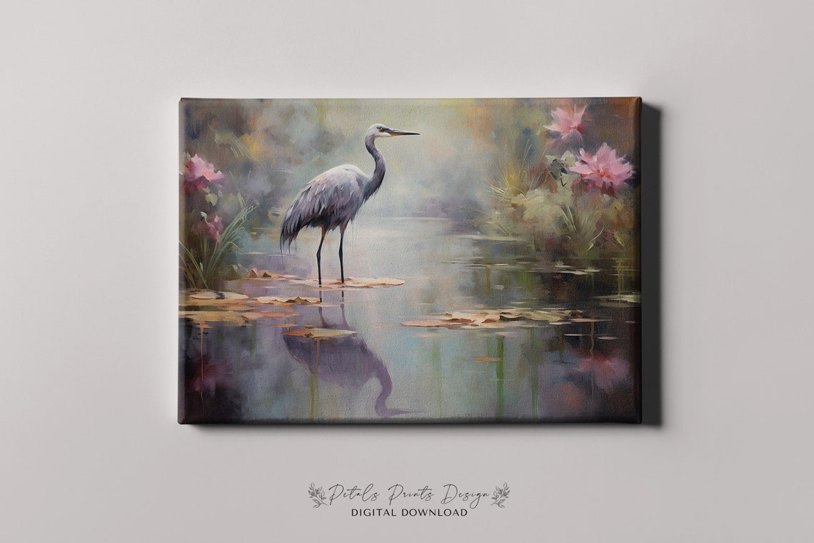 Gray Heron Wading in Pond with Pink Lotus Flowers Misty Poster - Image 4