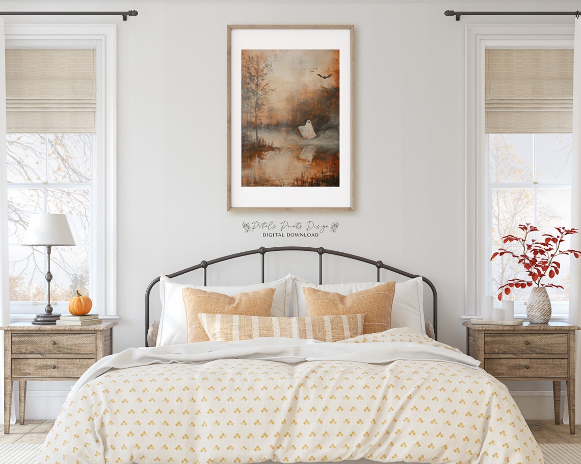 Spooky Cute Ghost Misty Autumn Lake Vintage Halloween Art Print - Image 2