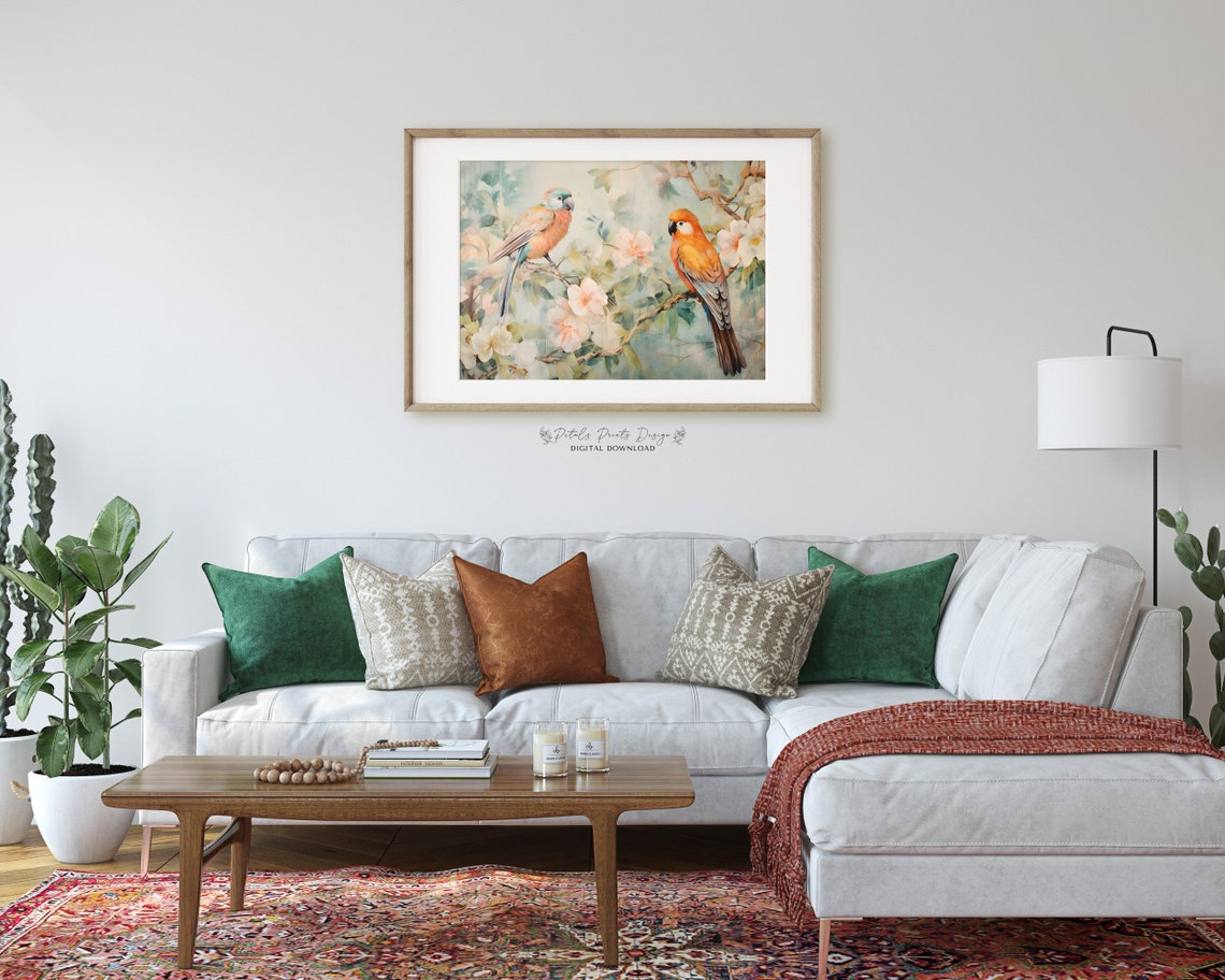 Two Colorful Parrots Pastel Blossoms Soft Floral Bird Painting Poster - Image 2