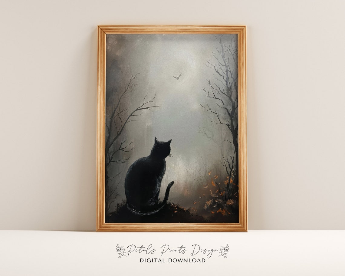 Black Cat Misty Dark Forest Silhouette Haunting Autumn Art Print