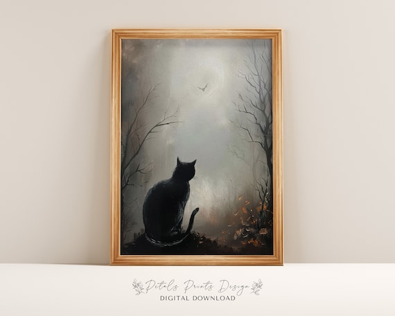 Black Cat Misty Dark Forest Silhouette Haunting Autumn Art Print