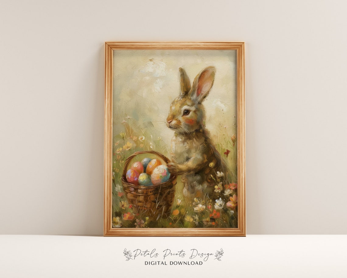 Bunny with Large Easter Egg Basket Wildflower Meadow Vintage Poster