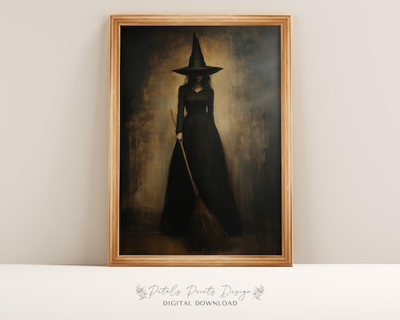 Dark Witch Portrait Black Hat Broom Gothic Halloween Wall Art