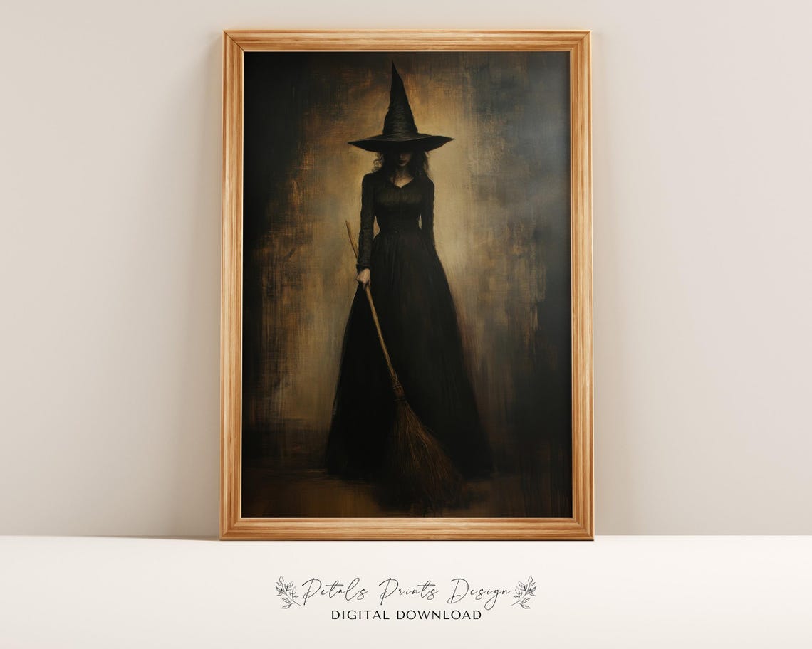 Dark Witch Portrait Black Hat Broom Gothic Halloween Wall Art