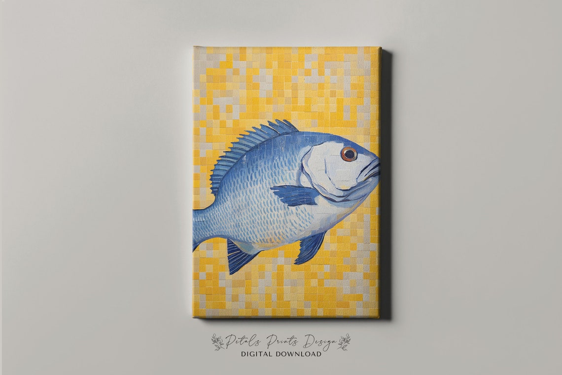 Blue Fish Yellow Mosaic Tile Background Portrait Ocean Art Poster - Image 4