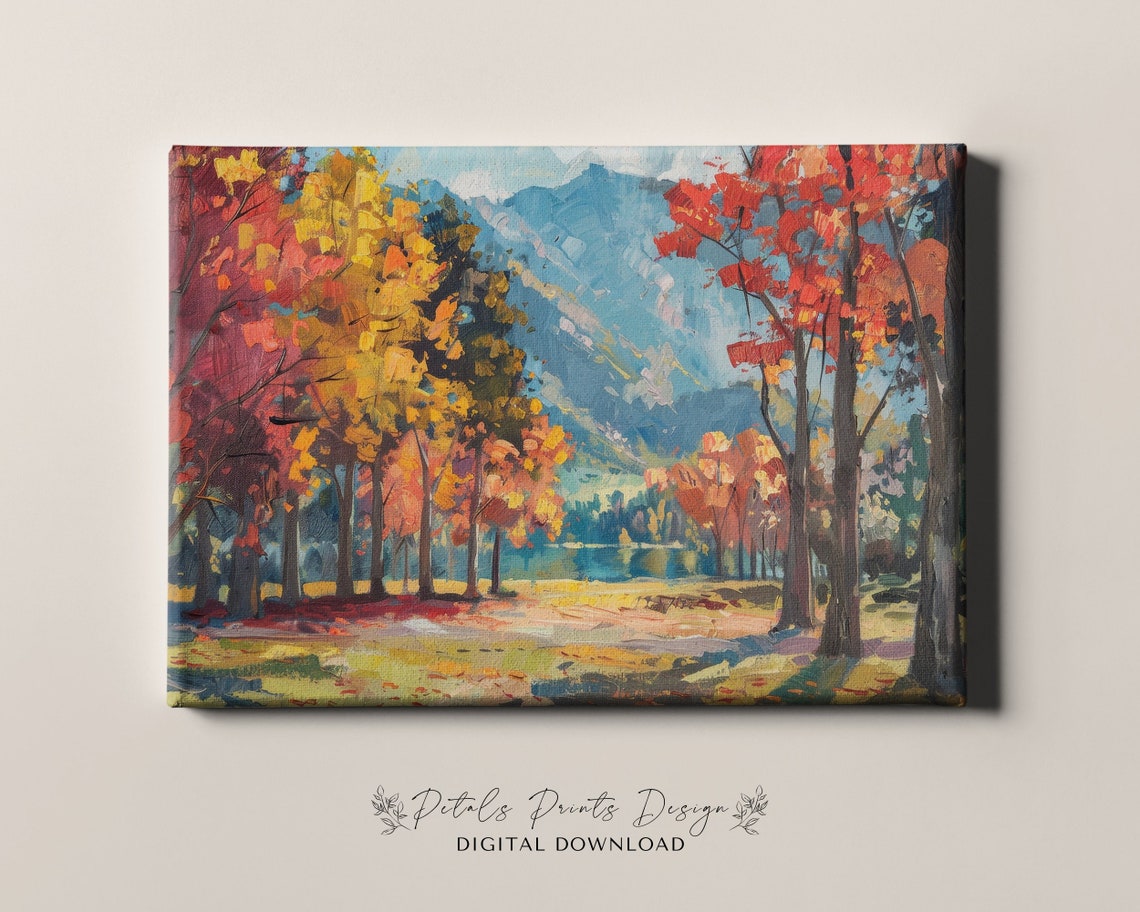 Colorful Autumn Lakeside Landscape Oil Painting Fall Trees Art Print - Image 4