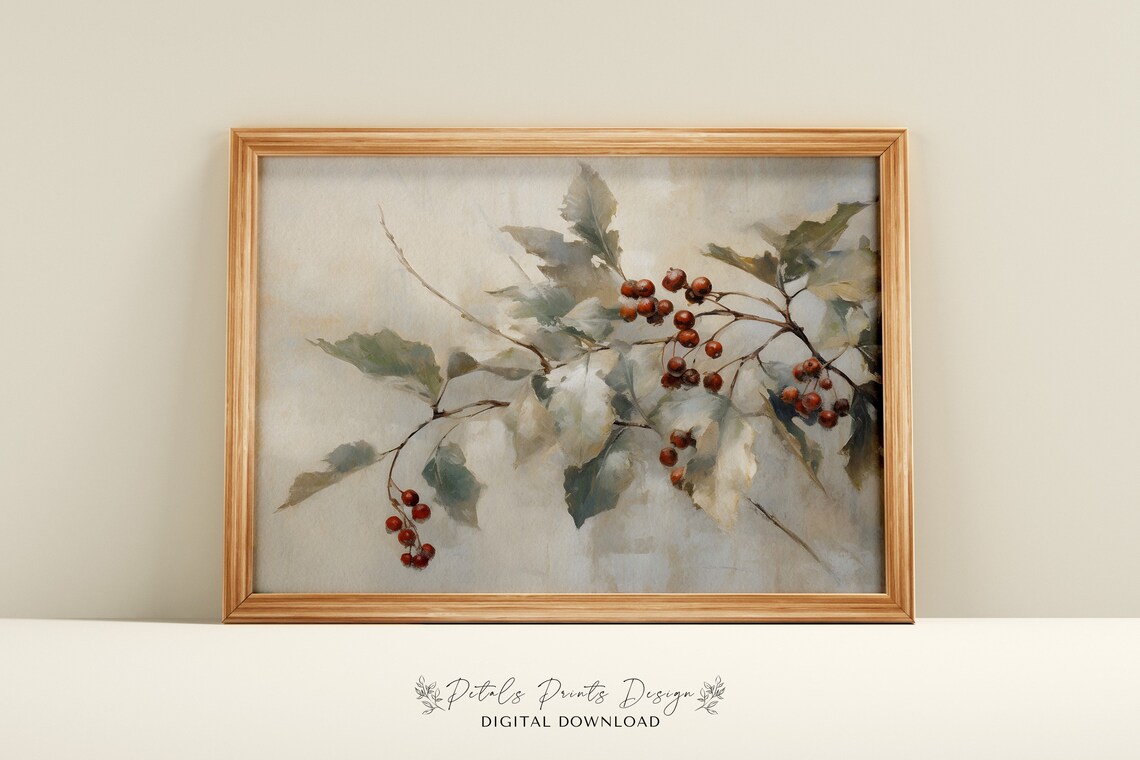 Vintage Holly Berry Christmas Art Print, Rustic Holiday Decor