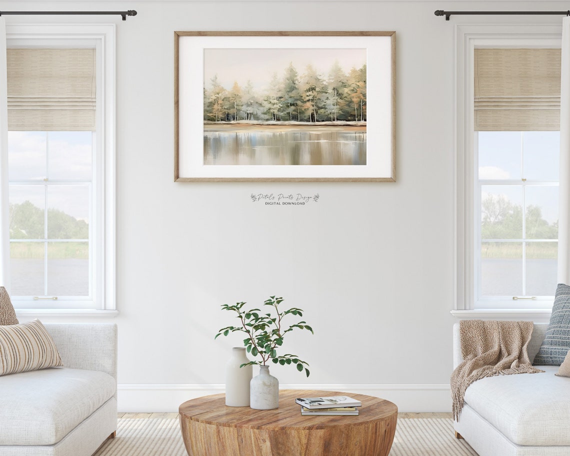 Serene Misty Pine Treeline Calm Lake Reflection Sage Green Poster - Image 2