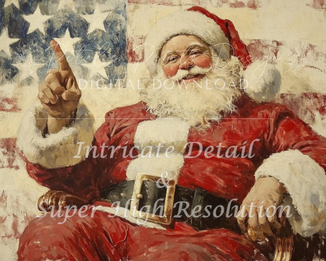 Santa Claus Pointing Up with American Flag Rustic Vintage Art Poster - Image 3