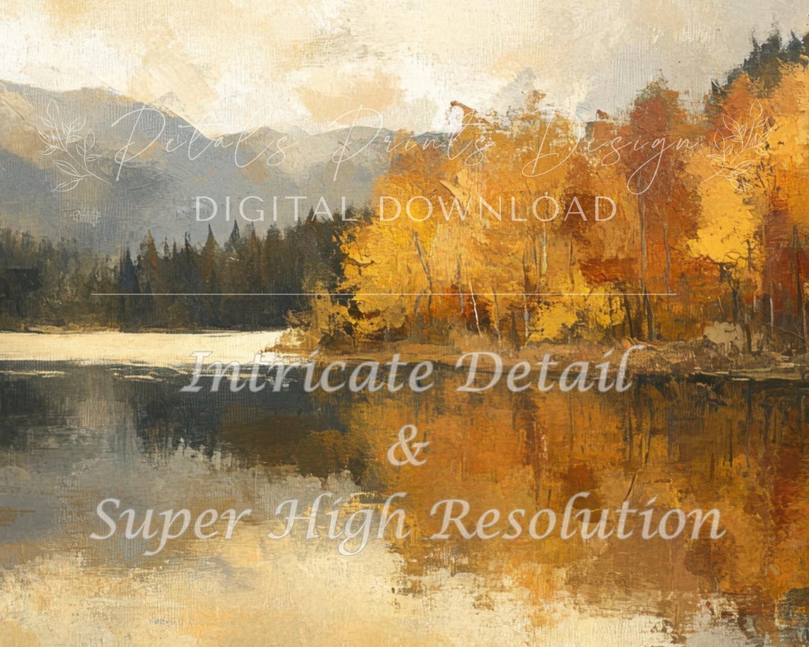 Autumn Mountain Lake Reflection Golden Fall Landscape Painting Poster - Image 2