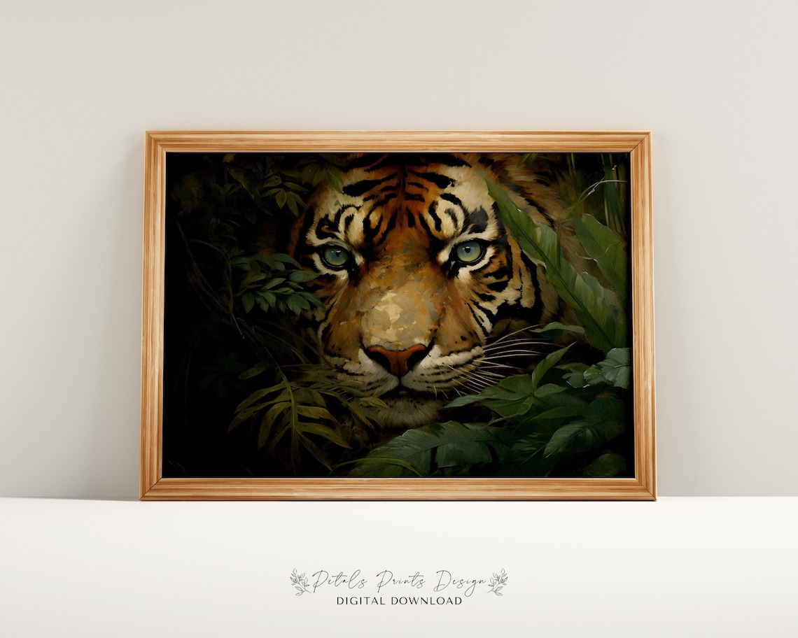 Tiger Portrait Green Eyes Dark Foliage Close Up Wildlife Poster