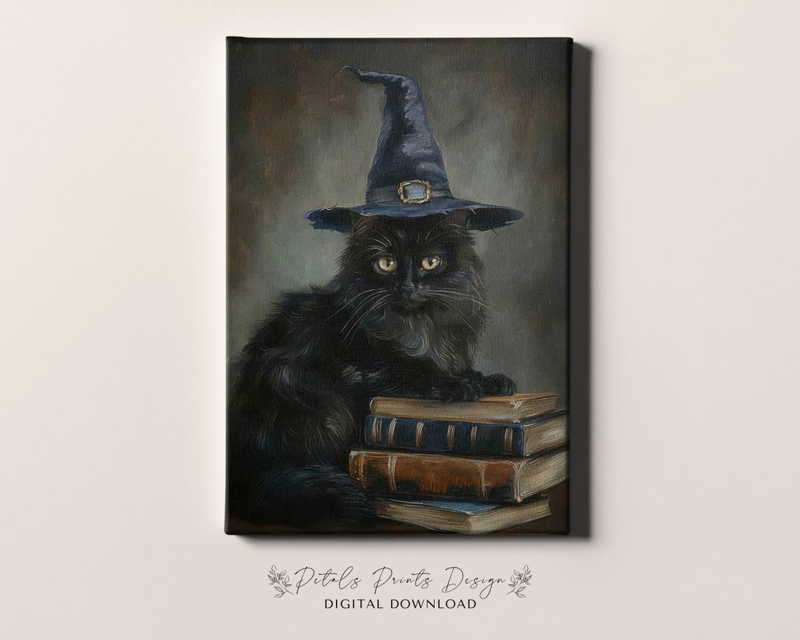 Black Cat Witch Hat Portrait On Antique Books Halloween Poster - Image 4