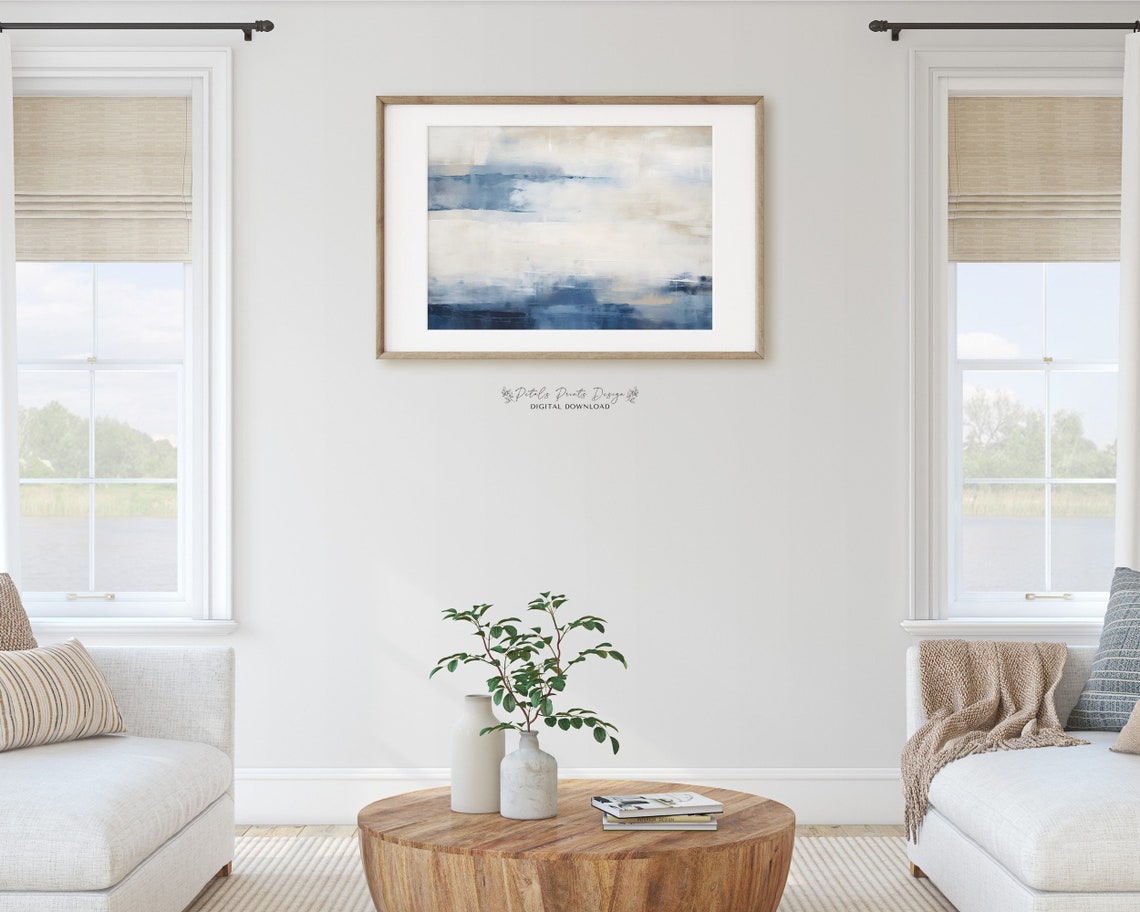 Blue White Horizontal Abstract Waves Modern Coastal Wall Poster - Image 2