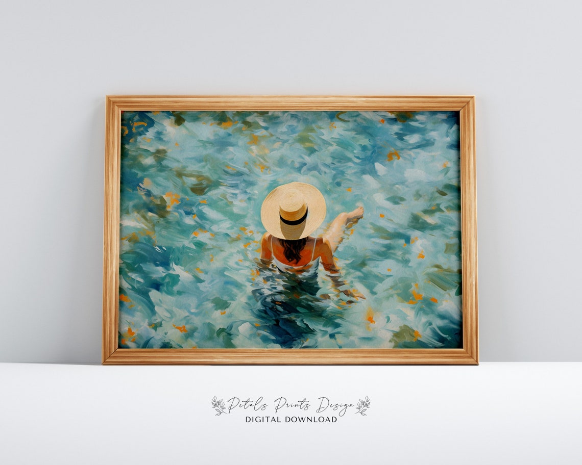 Woman in Straw Hat Floating on Turquoise Water Vacation Poster