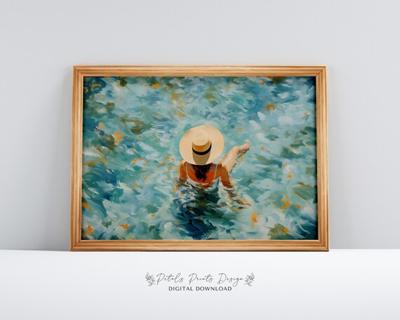 Woman in Straw Hat Floating on Turquoise Water Vacation Poster