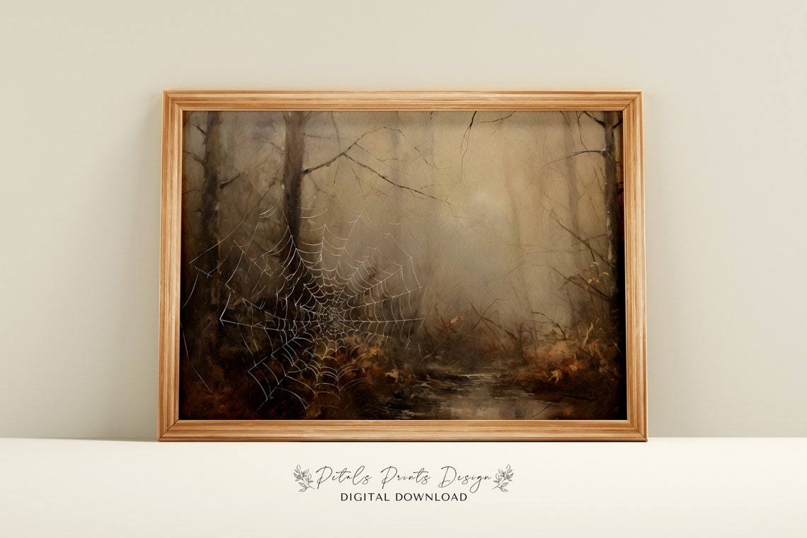 Spider Web Misty Dark Forest Spooky Vintage Halloween Night Poster