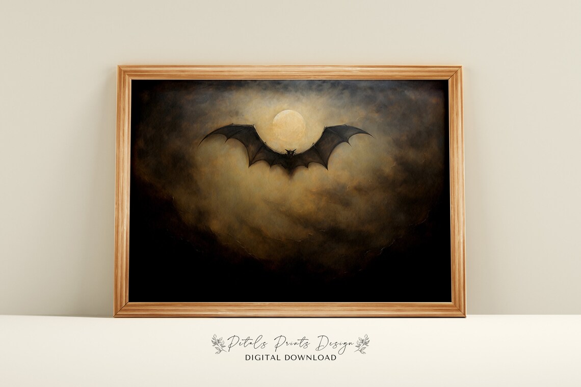 Vintage Bat Halloween Art Print, Rustic Decor