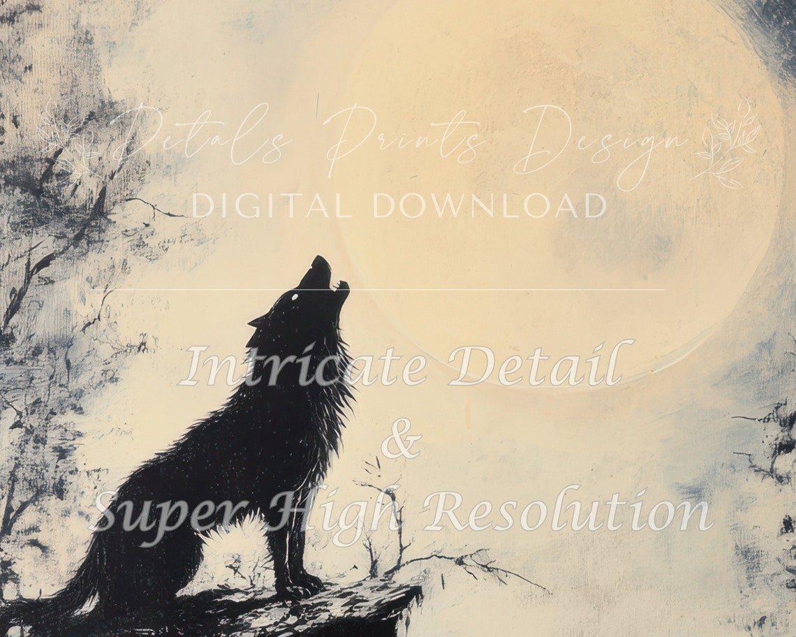 Lone Wolf Howling At Moonlit Cliff Vintage Style Painting Poster - Image 2