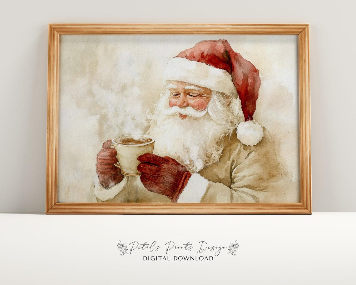 Santa Claus Savoring Hot Cocoa in Soft Neutral Watercolor Art Poster