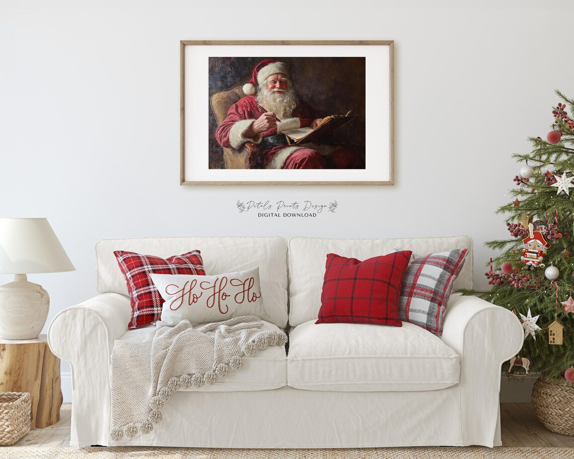 Vintage Santa Claus Reading Letters Cozy Christmas Painting Poster - Image 2