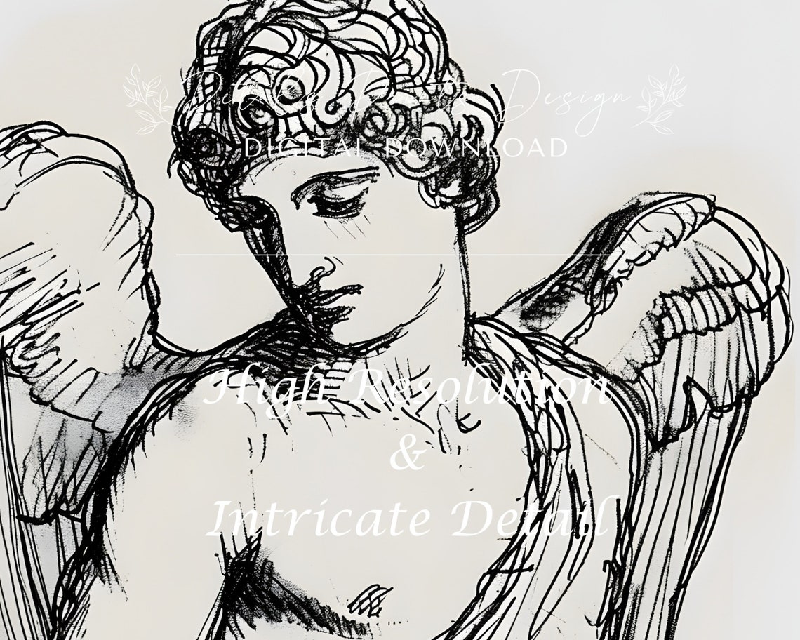Winged Angel Line Drawing Vintage Ink Sketch Classical Poster - Image 3