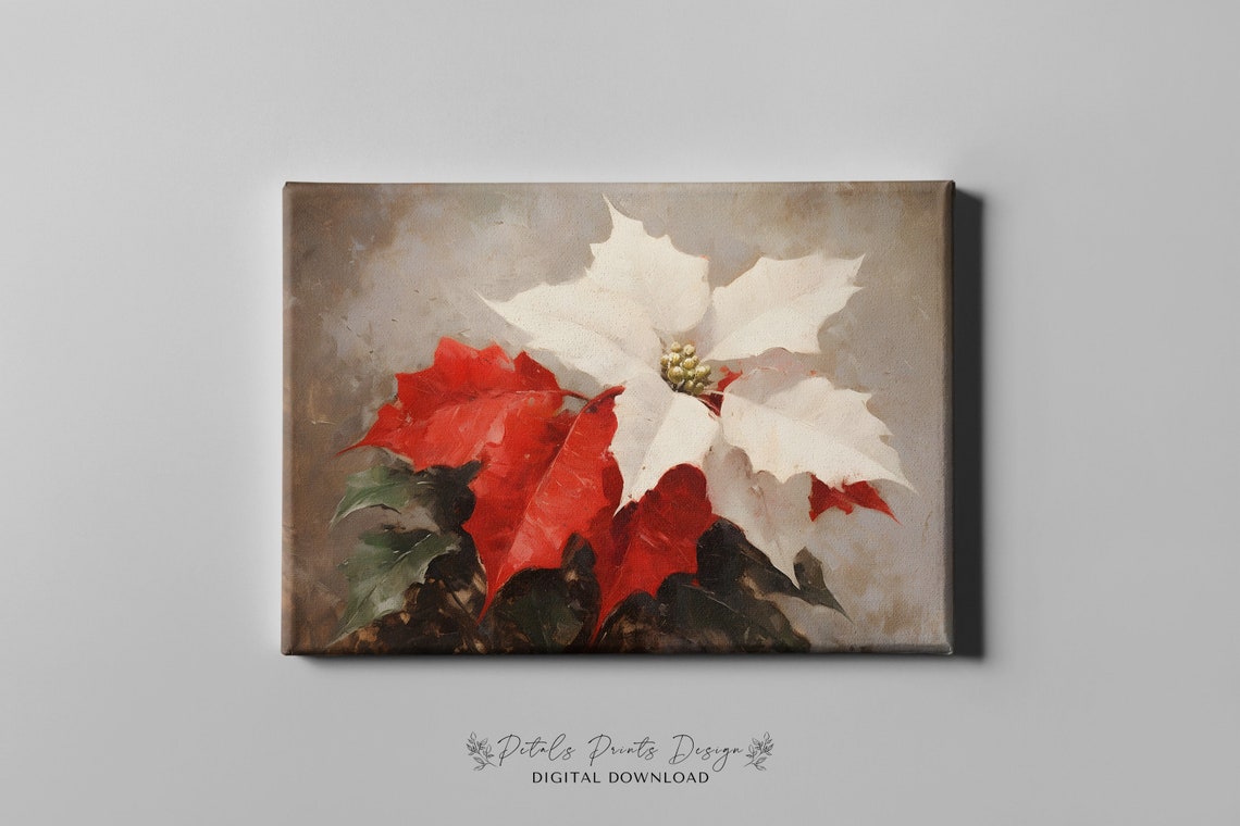 Red White Poinsettia Dark Background Vintage Christmas Poster - Image 4