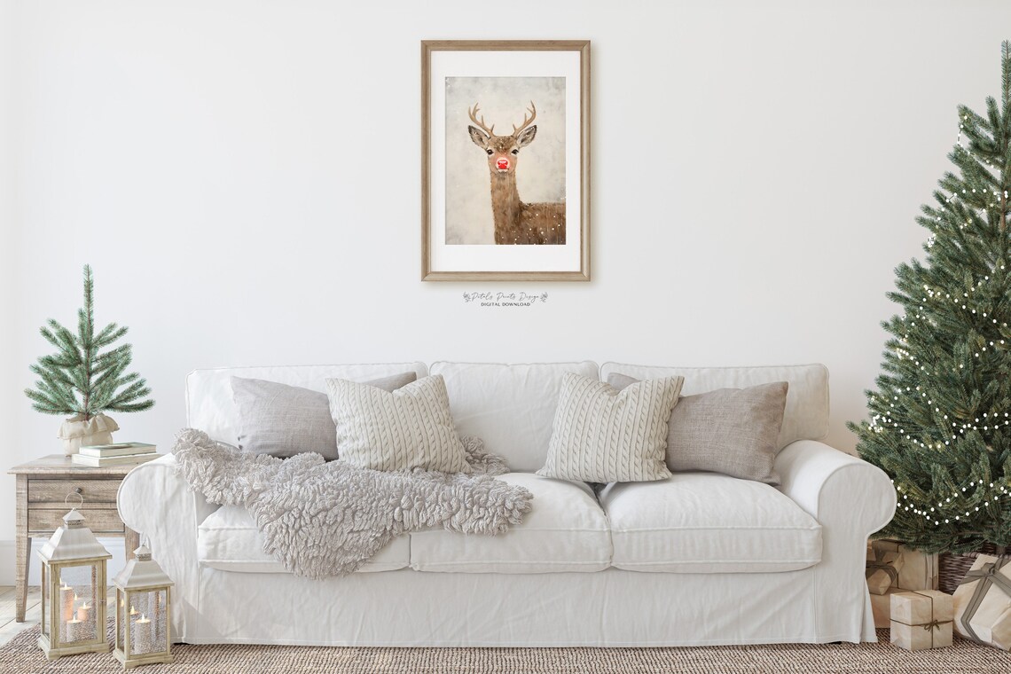 Reindeer Oil Painting Rustic Christmas Art Print - Image 2