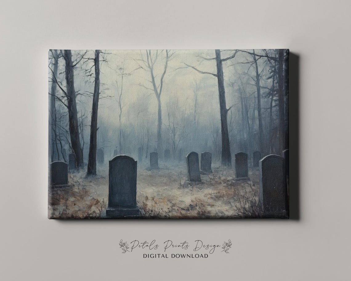 Haunted Graveyard In Thick Fog Bare Winter Trees Cemetery Wall Art - Image 4