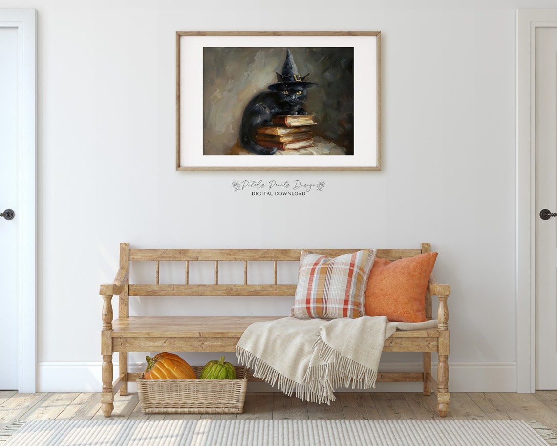 Witch Hat Black Cat Resting On Vintage Books Halloween Poster - Image 2