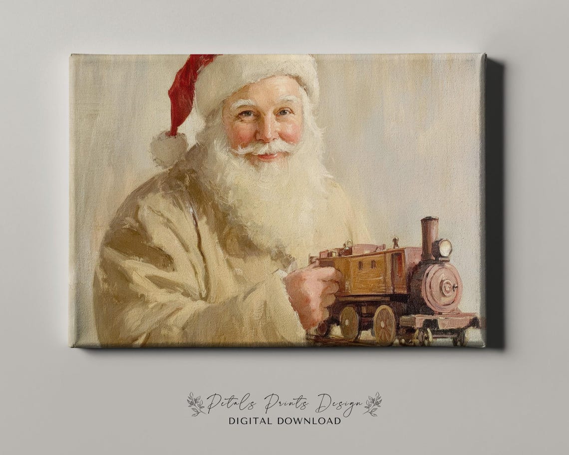 Santa Claus Holding Toy Train in Warm Neutral Tones Vintage Art Poster - Image 4