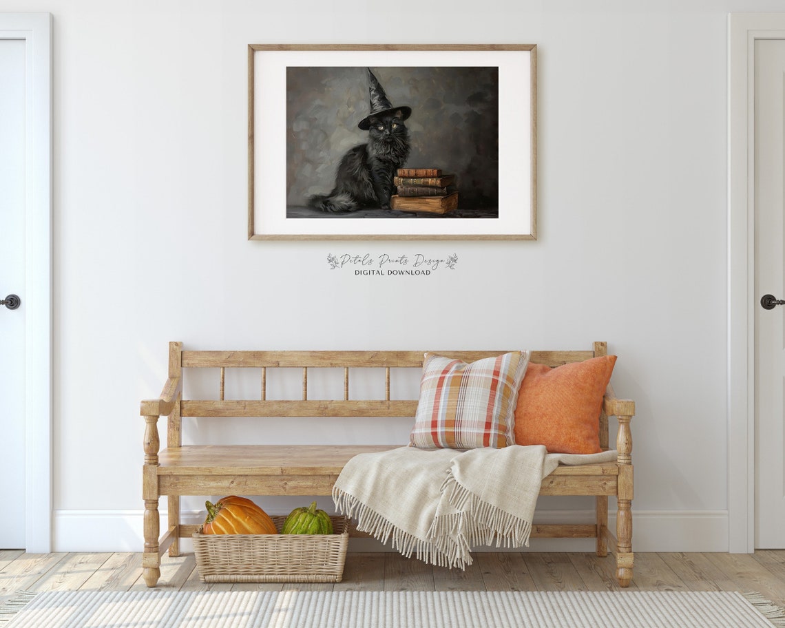Black Cat Wearing Witch Hat Beside Old Books Halloween Poster - Image 3