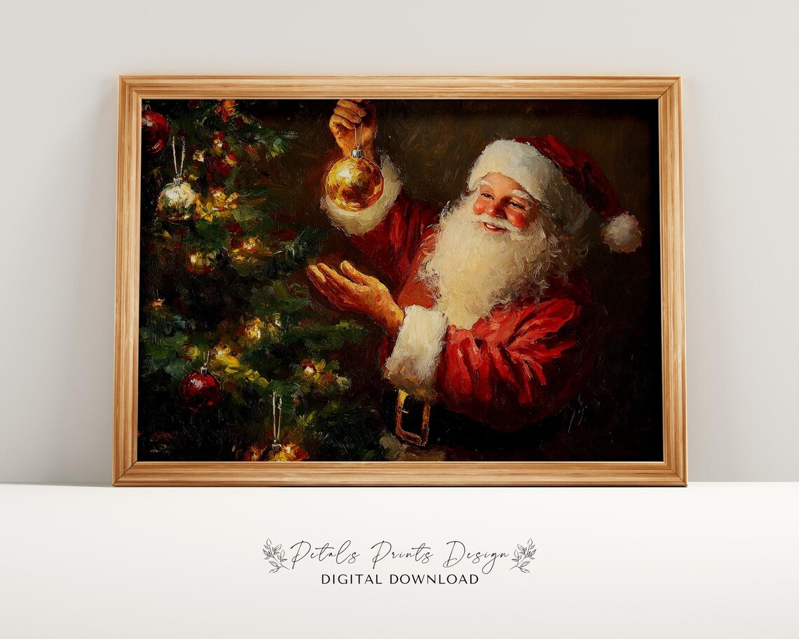 Santa Hanging Gold Ornament on Christmas Tree Oil Painting Poster