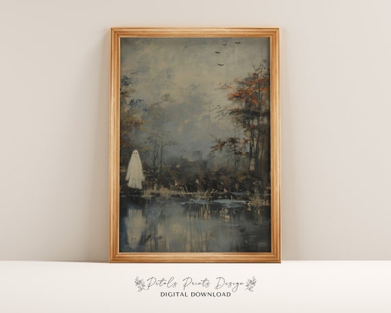 Ghosts Art Print Halloween Art Print Halloween Decor Cute Ghosts In Field Spooky Vintage Halloween Wall Art