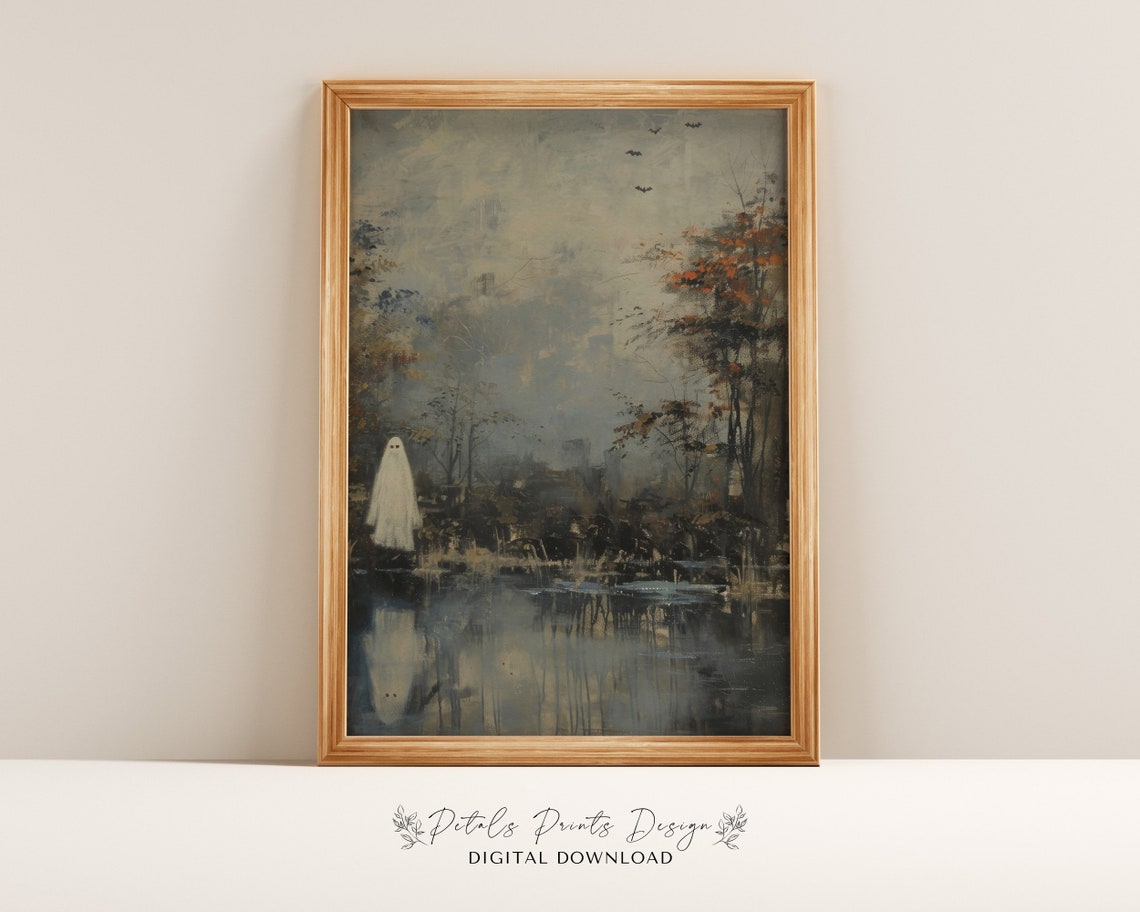 Ghost By Misty Lake Autumn Trees Vintage Halloween Decor Art Print