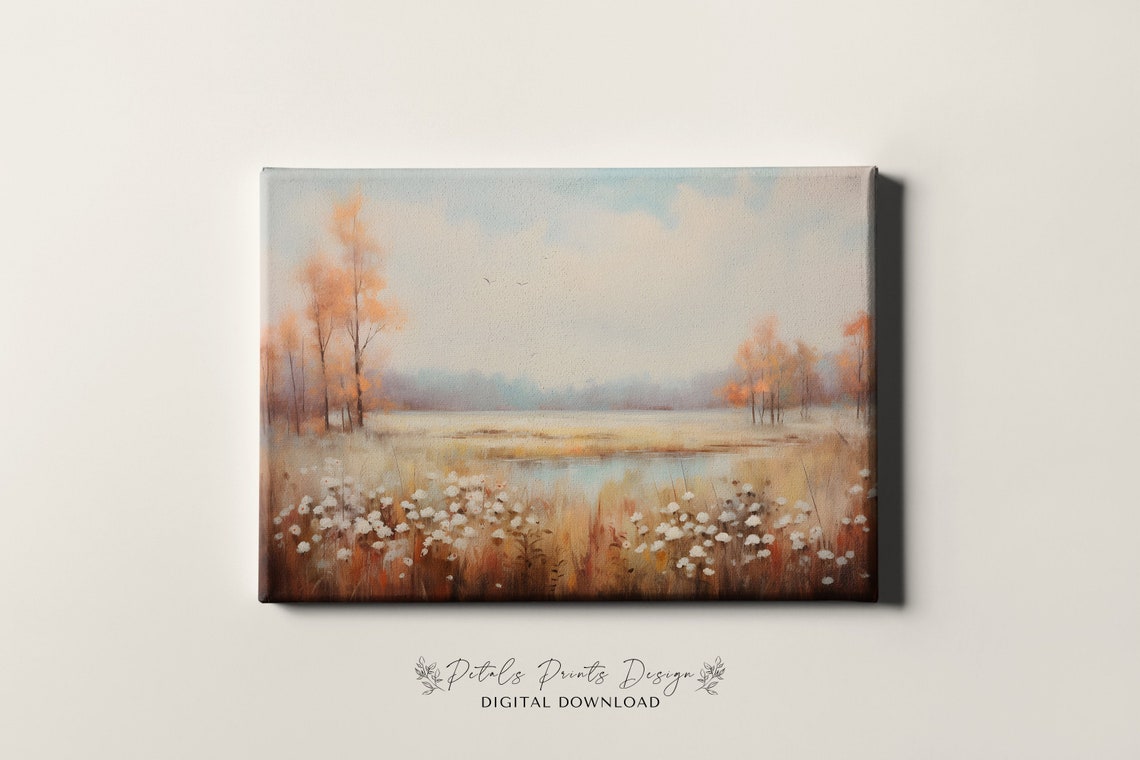 Autumn Field Orange Trees Wildflowers Birds Vintage Landscape Poster - Image 3