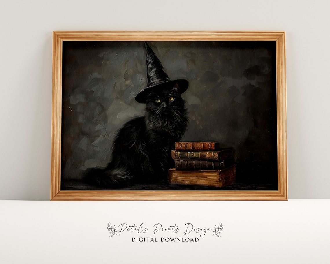 Black Cat Wearing Witch Hat Beside Old Books Halloween Poster