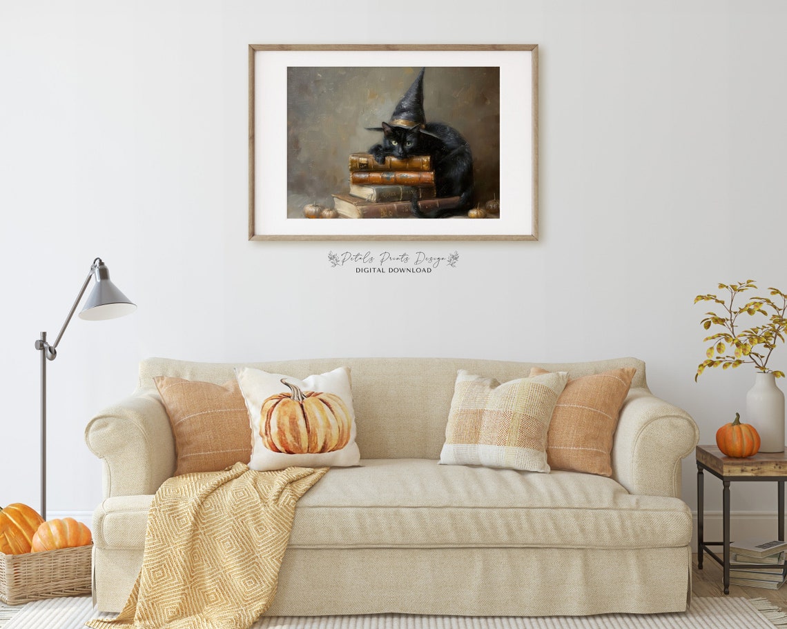 Black Cat In Witch Hat On Old Books Halloween Painting Poster - Image 2