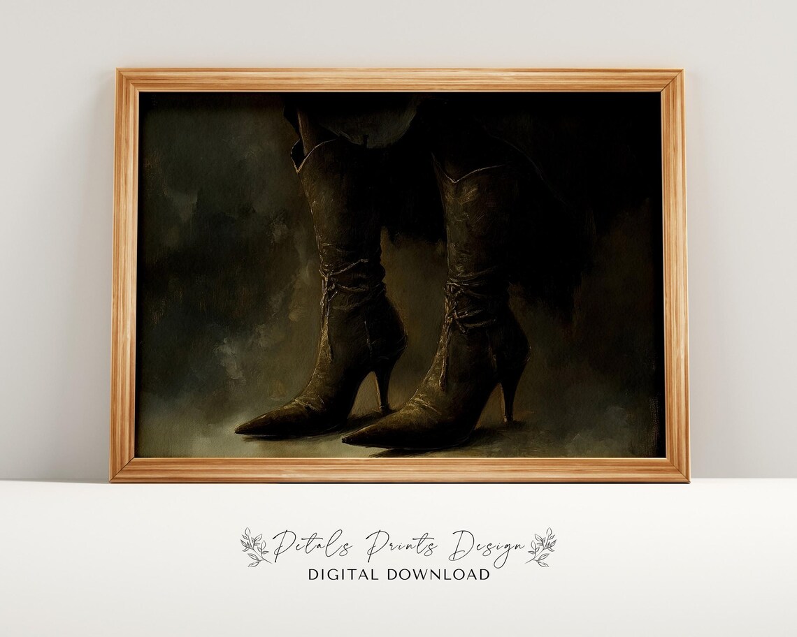 Witch Boots Still Life with Dark Gothic Tones Vintage Halloween Art Poster