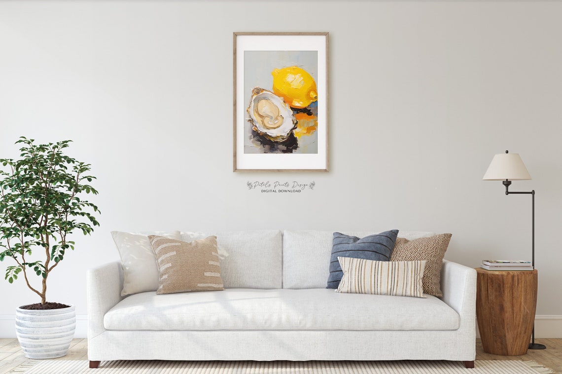 Impasto Oyster Lemon Textured Still Life Gray Background Poster - Image 2