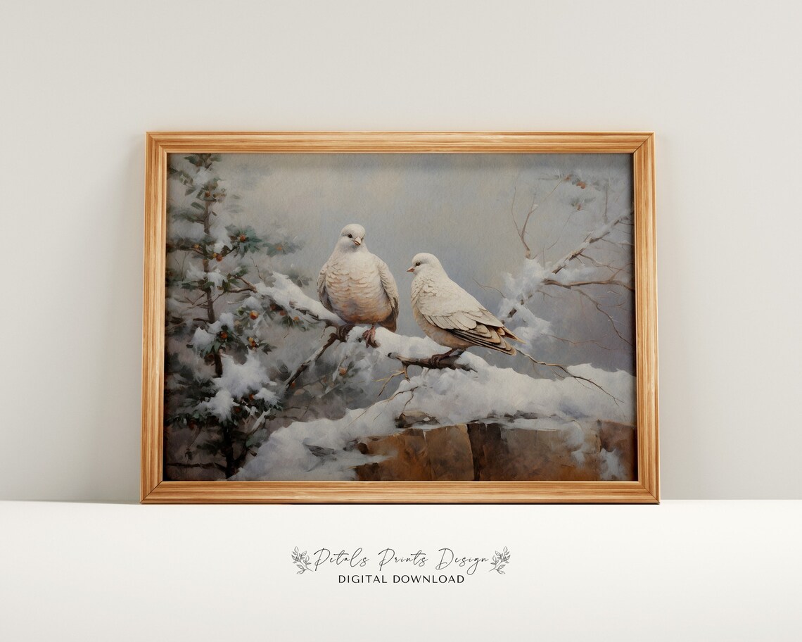 Turtle Doves Christmas Art Print, Rustic Vintage Holiday