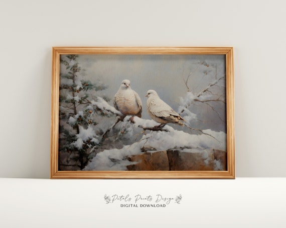 Turtle Doves Christmas Art Print, Rustic Vintage Holiday