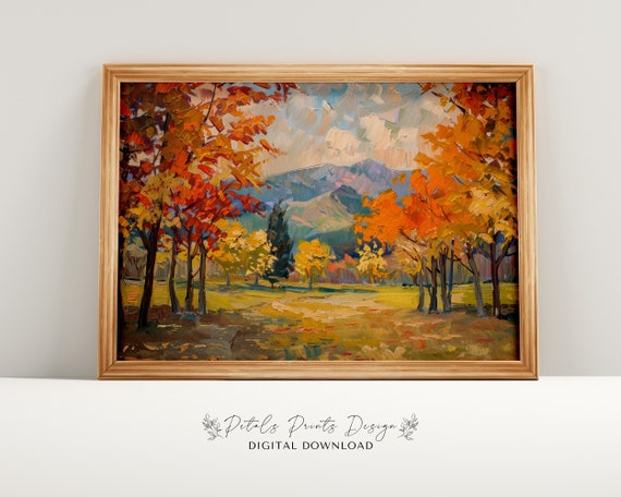 Rustic Fall Landscape Print Vintage Autumn Moody Countryside Painting Farmhouse Decor Fall Wall Print Autumn Landscape Earth Tone