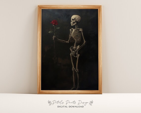 Skeleton Offering Red Rose Romantic Gothic Halloween Painting Poster