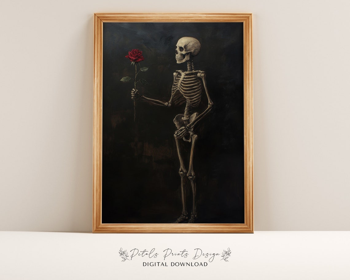 Skeleton Offering Red Rose Romantic Gothic Halloween Painting Poster