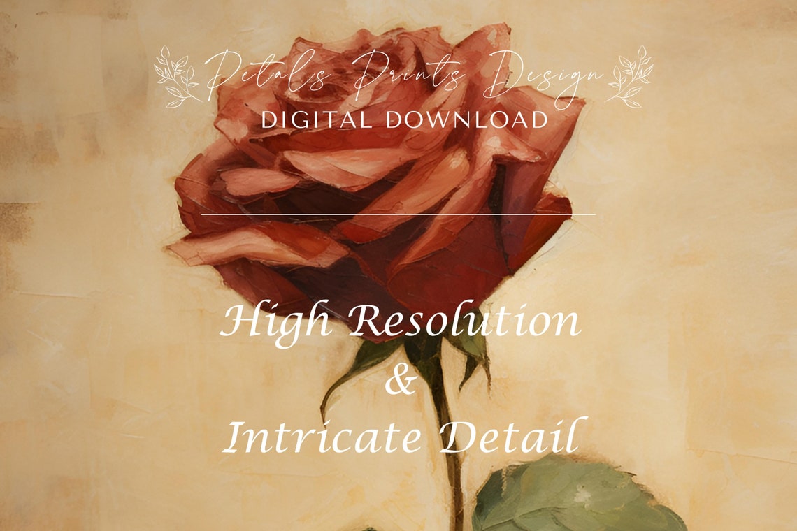 Single Red Rose Stem Textured Beige Background Vintage Floral Poster - Image 3