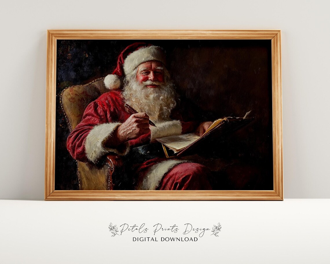 Vintage Santa Claus Reading Letters Cozy Christmas Painting Poster